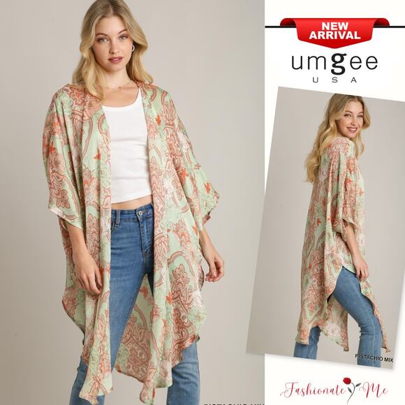 Umgee Mixed Pattern 3/4 Ruffle Sleeves Side Slit Open Front Kimono | Pistachio - Picture 1 of 10